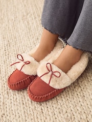 Rust Red Moccasin Faux Fur Suede Slippers - Image 2 of 7