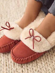 Rust Red Moccasin Faux Fur Suede Slippers - Image 3 of 7