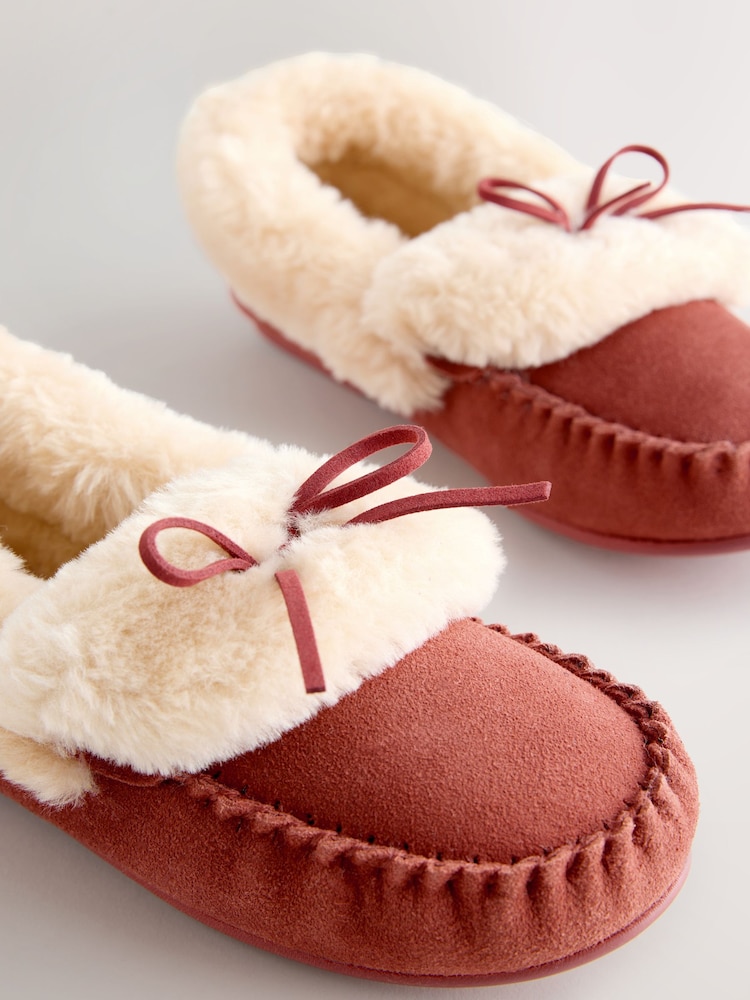 Rust Red Moccasin Faux Fur Suede Slippers - Image 7 of 7