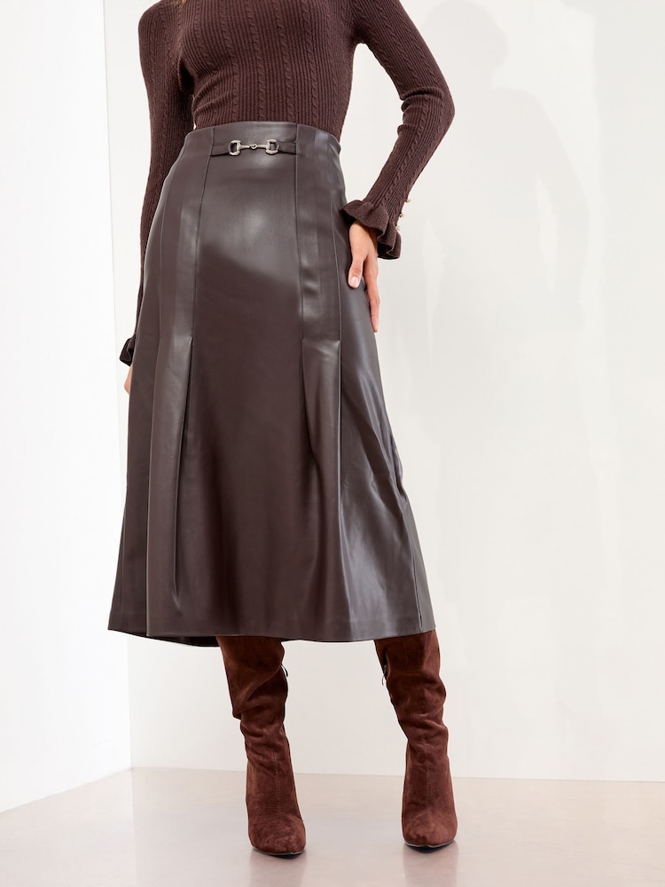 Burgundy Red Faux Leather - Lipsy Box Pleat Midi Skirt - Imagem 1 de 4