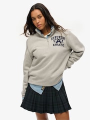 Superdry Grey Oversized Vintage Athletic Zip Henley 100% Cotton Jumper - Image 1 of 3