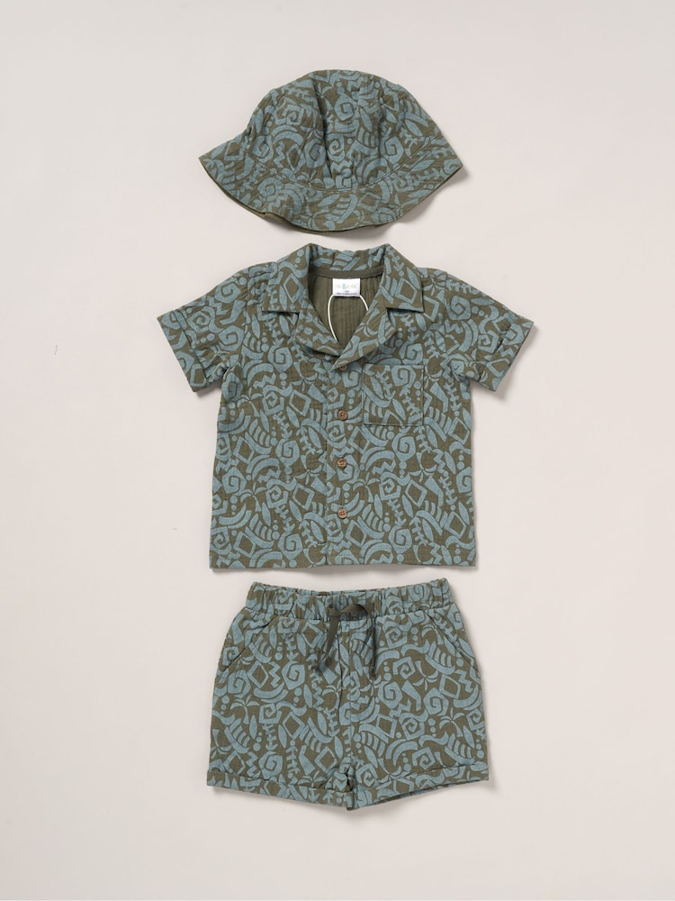 Lily & Jack Printed Muslin 100% Cotton Shirt, Shorts and Bucket Hat Brown Outfit Set - Image 1 of 5