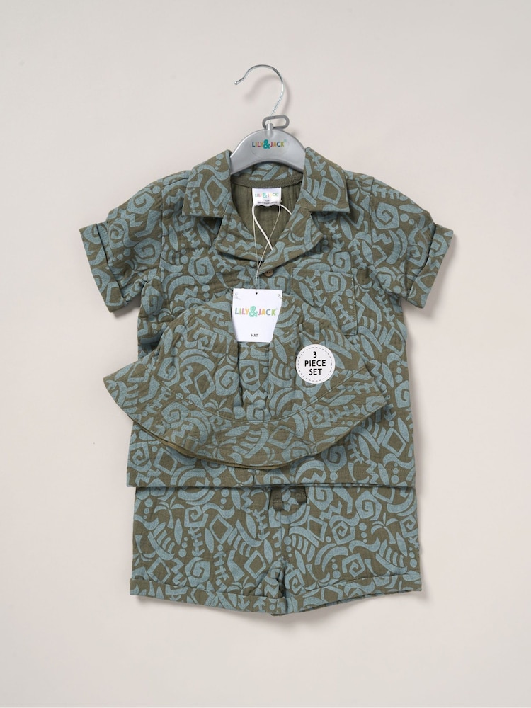Lily & Jack Printed Muslin 100% Cotton Shirt, Shorts and Bucket Hat Brown Outfit Set - Image 2 of 5