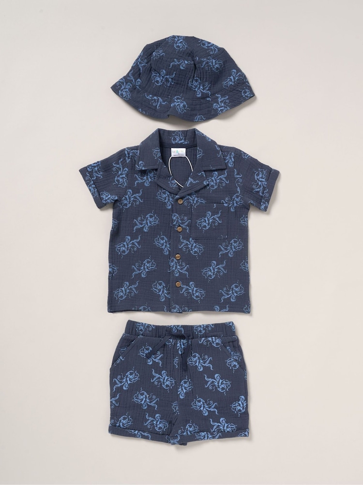 Lily & Jack Muslin Printed 100% Cotton Shirt, Shorts and Bucket Hat Outfit Set - Image 1 of 4