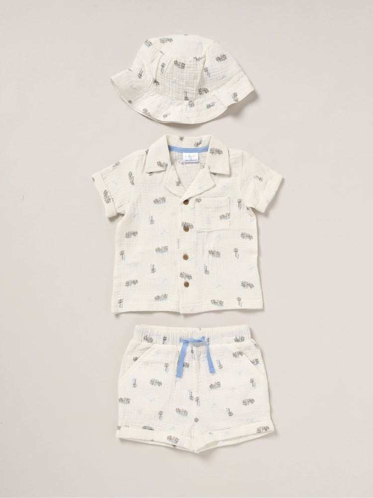 Lily & Jack Muslin Printed 100% Cotton Shirt, Shorts and Bucket Hat Outfit Set - Image 1 of 5