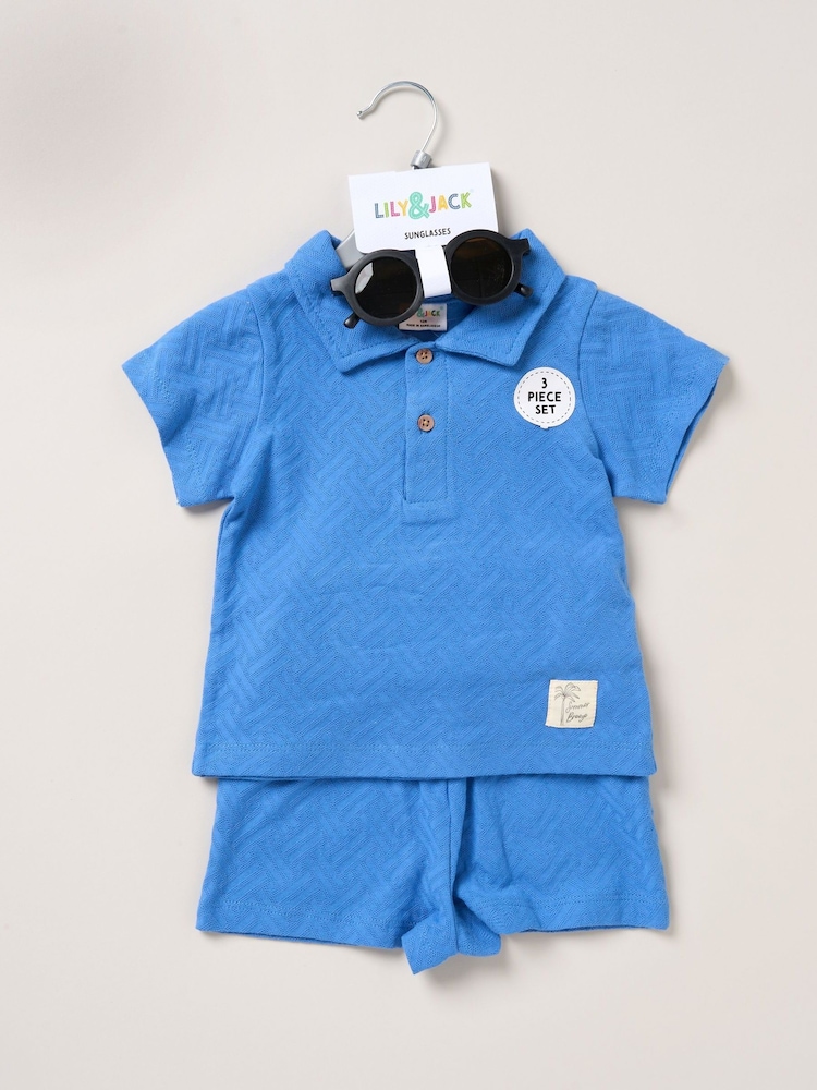 Set de ținută Lily & Jack Albastru Jacquard Jersey 100% bumbac cu Tricouri polo, pantaloni scurți și Ochelari de soare - Image 3 of 5