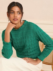 Love & Roses Green Pointelle Petite Frill Neck Knitted Jumper - Image 1 of 4
