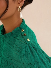 Love & Roses Green Pointelle Petite Frill Neck Knitted Jumper - Image 2 of 4