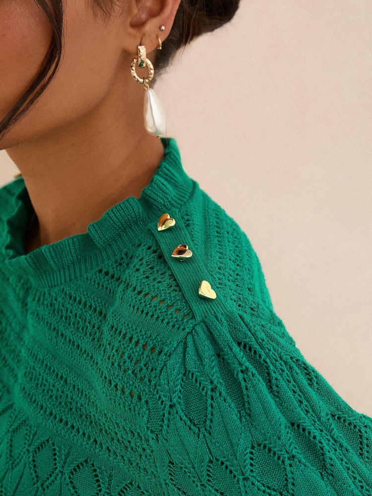 Love & Roses Green Pointelle Petite Frill Neck Knitted Jumper - Image 2 of 4
