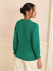 Love & Roses Green Pointelle Petite Frill Neck Knitted Jumper - Image 4 of 4
