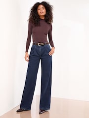 Lipsy Rinse Wash Petite Pintuck Wide Leg Tailored Jeans - Image 1 of 4