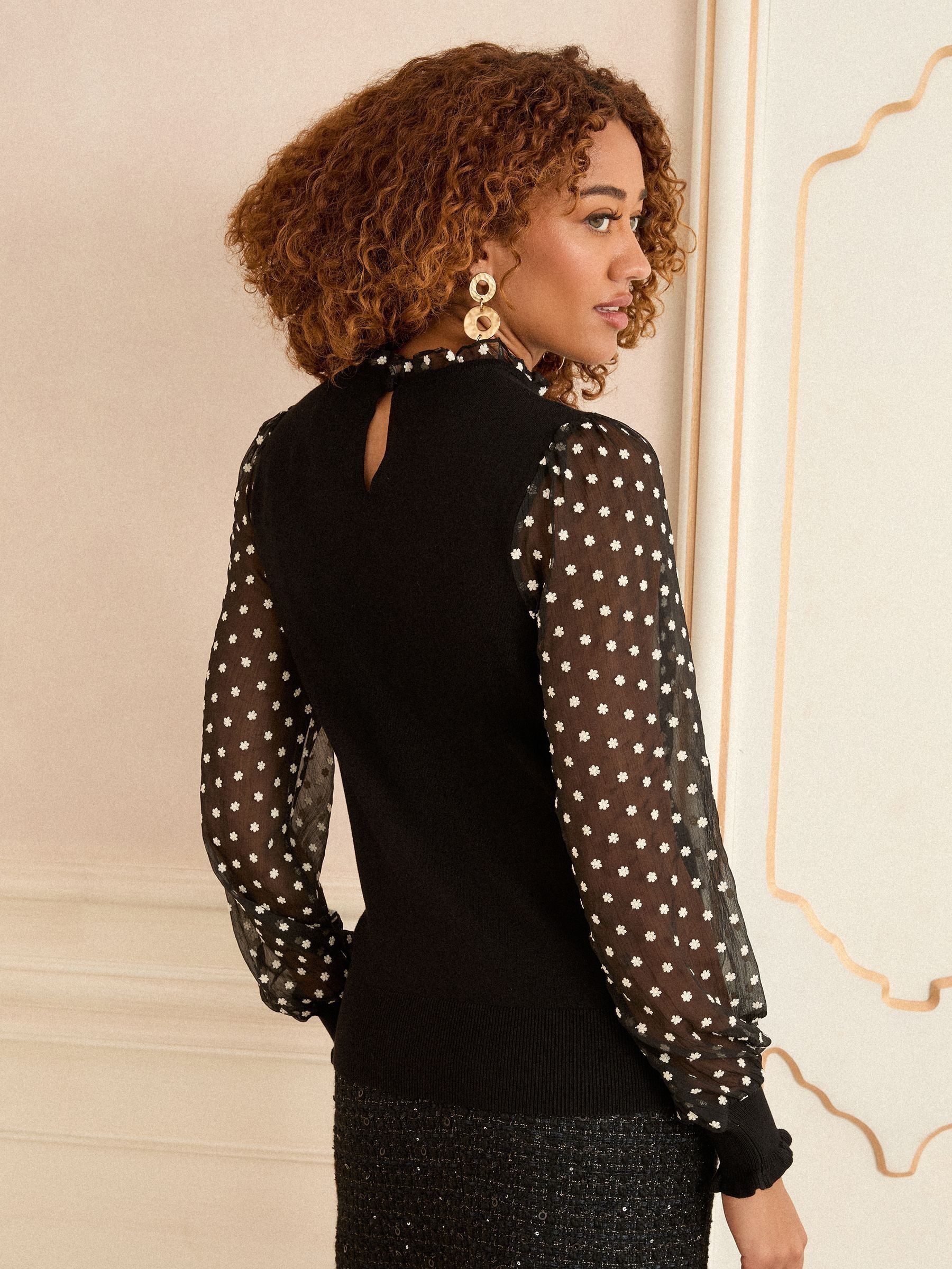 Buy Love & Roses Black Floral Spot Frill Neck Chiffon Sleeve