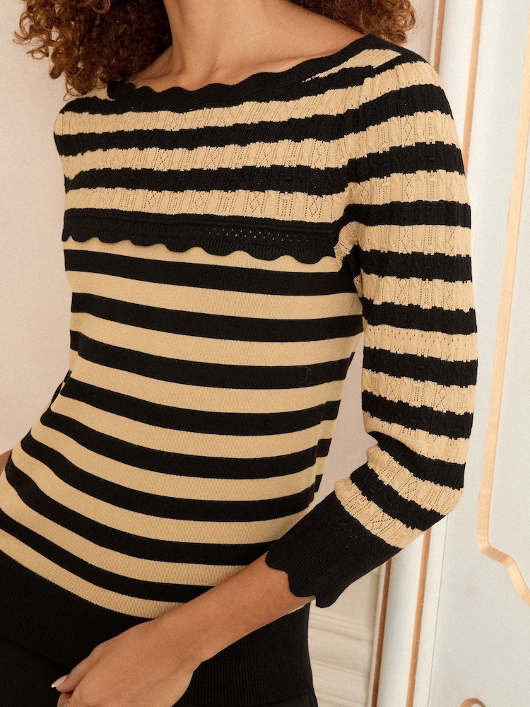 Love & Roses Camel Black Stripe Petite Scallop Pointelle Fine Gauge Jumper - Image 2 of 4