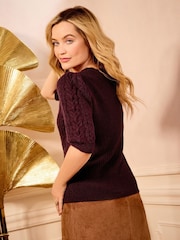 Love & Roses Burgundy Red Cable Knit Lace Front Jumper - Image 4 of 4