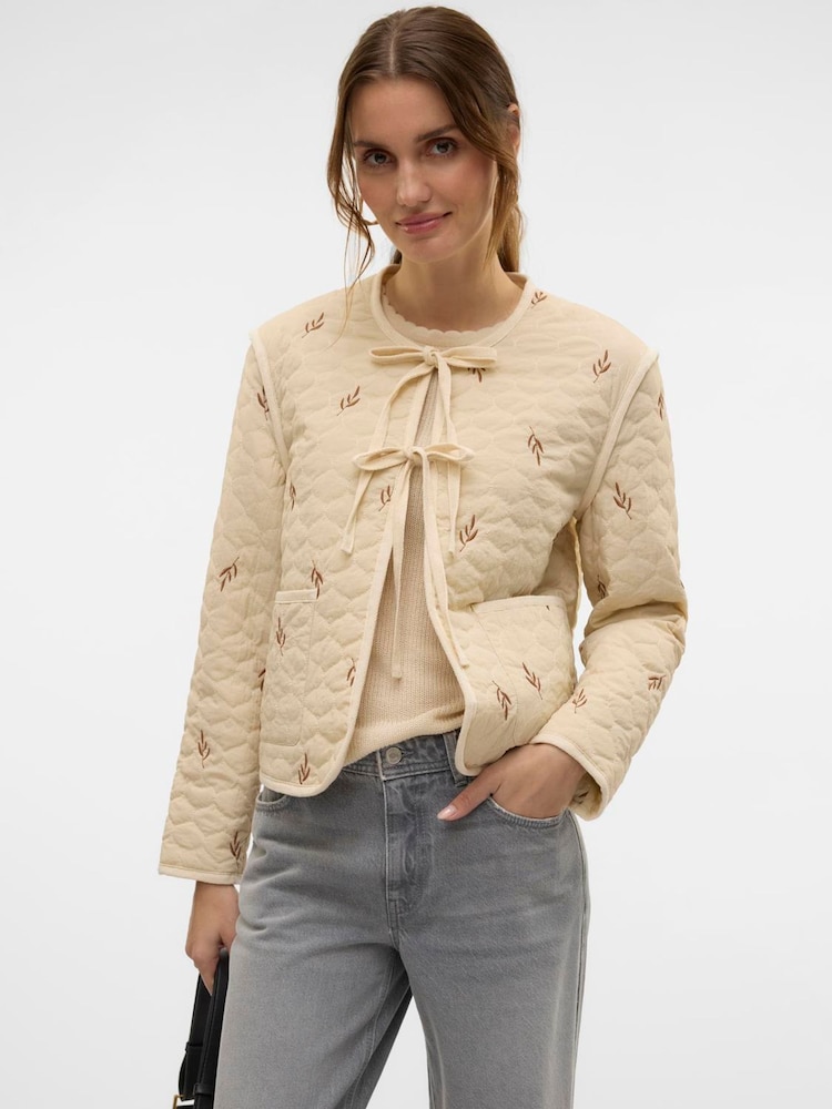 VERO MODA Cream Quilted Tie Front Short Jacket - Image 2 of 5