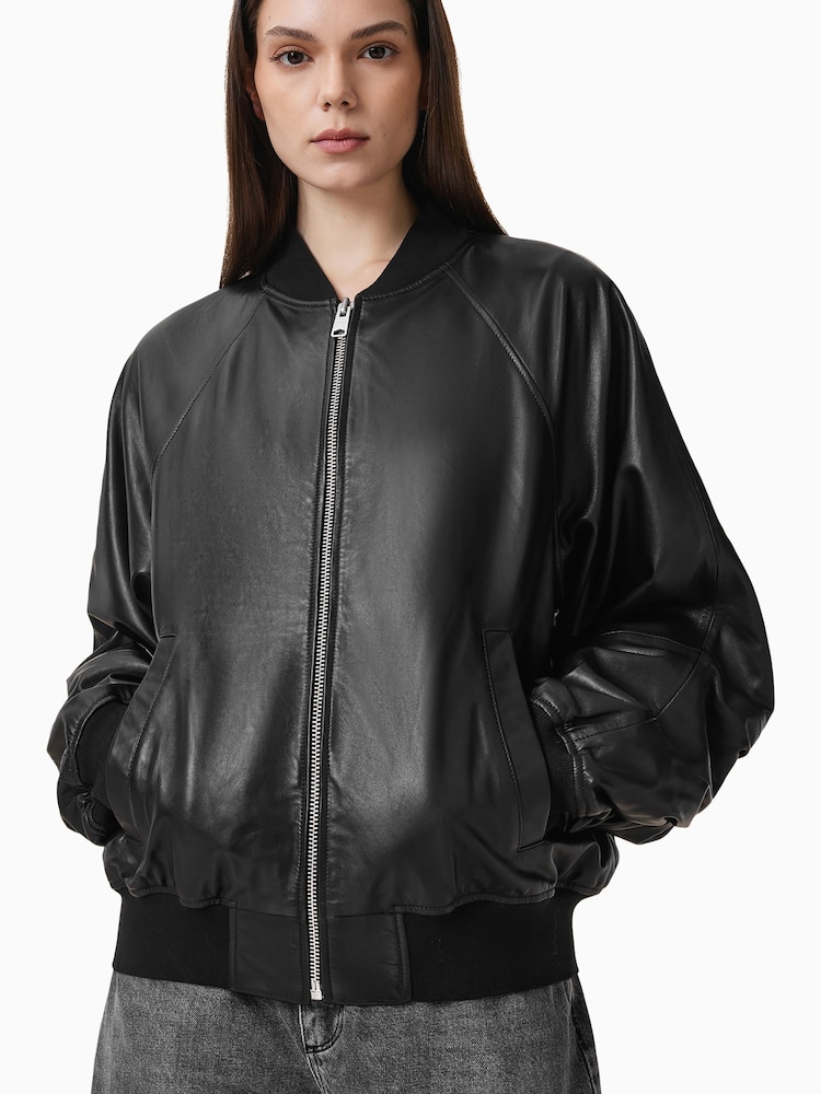 AllSaints Black Dana Leather Bomber Jacket - Image 2 of 10