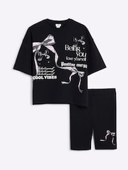 River Island Black Girls Bow T-Shirt and Shorts Set - Image 1 of 5