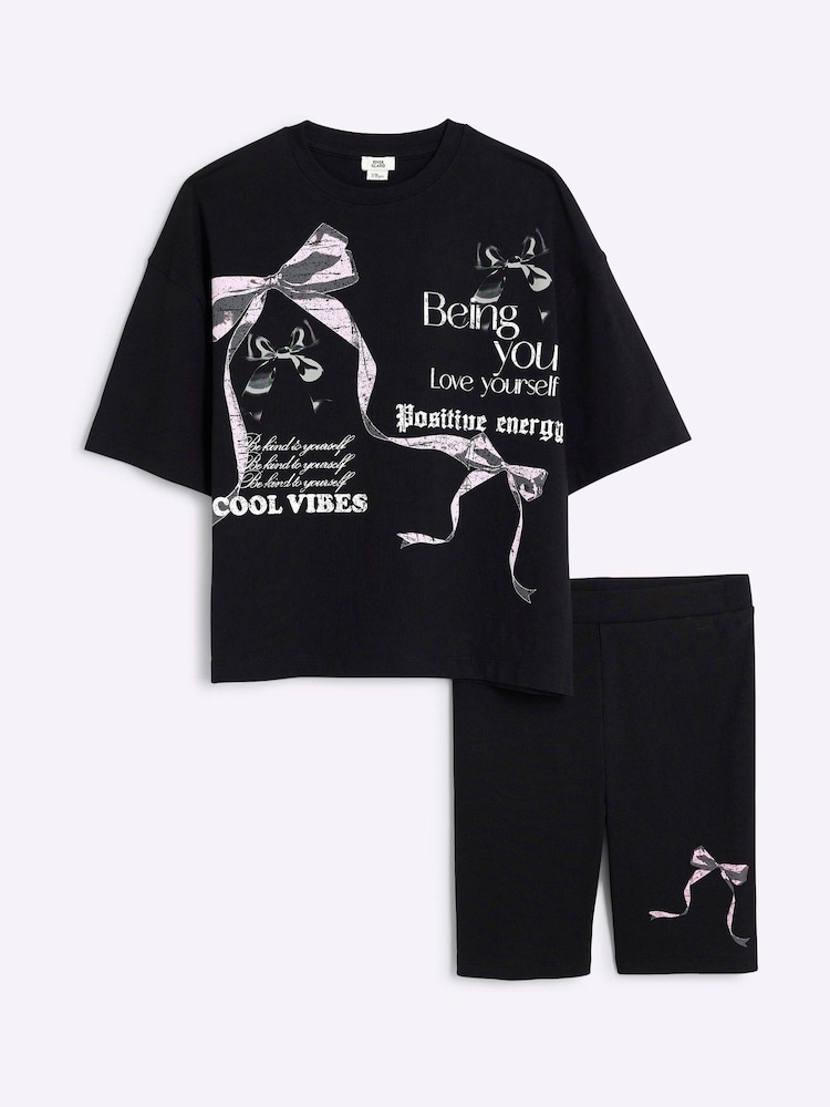 River Island Black Girls Bow T-Shirt and Shorts Set - Image 1 of 5