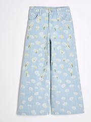 River Island Blue Girls Denim Daisy Ombre Wide 100% Cotton Jeans - Image 1 of 4