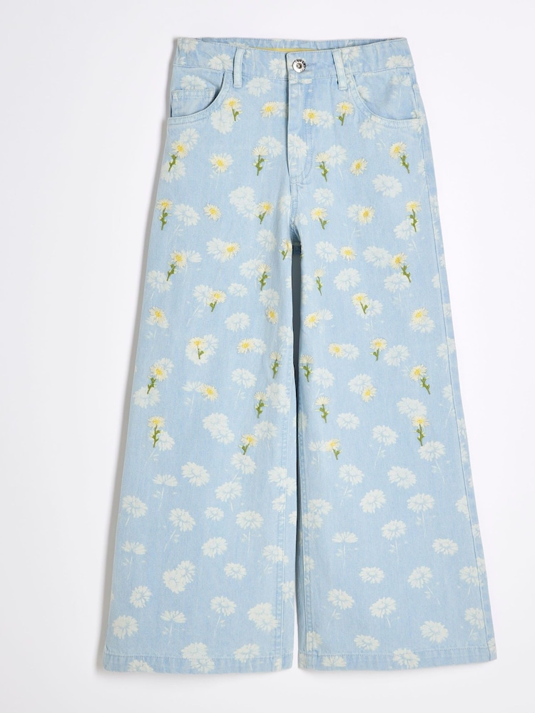 River Island Blue Girls Denim Daisy Ombre Wide 100% Cotton Jeans - Image 1 of 4