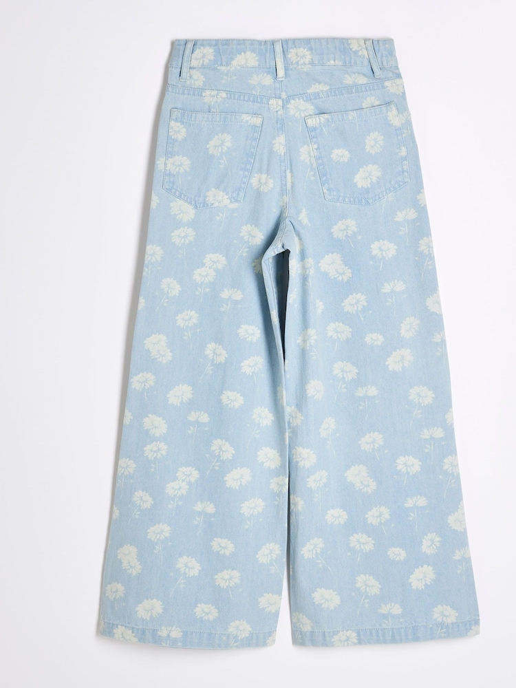 River Island Blue Girls Denim Daisy Ombre Wide 100% Cotton Jeans - Image 2 of 4