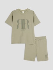 River Island Green Boys RR 100% Cotton T-Shirt and Shorts Set - Image 1 of 5
