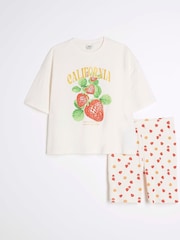 River Island Cream Girls Cali Strawberry T-Shirt and Shorts Set - Image 1 of 5