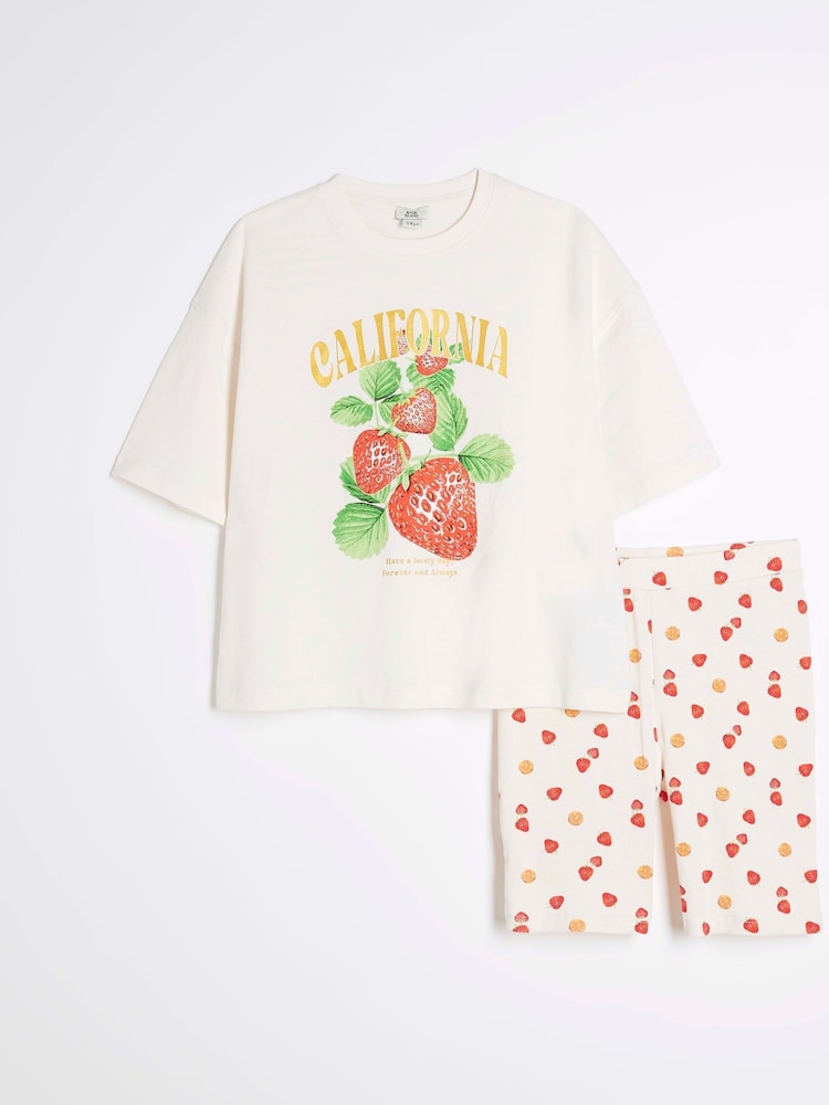 River Island Cream Girls Cali Strawberry T-Shirt and Shorts Set - Image 1 of 5