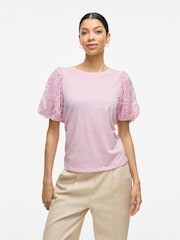 VILA Purple Puff Sleeve Embroidered Tulle Jersey Top - Image 1 of 7