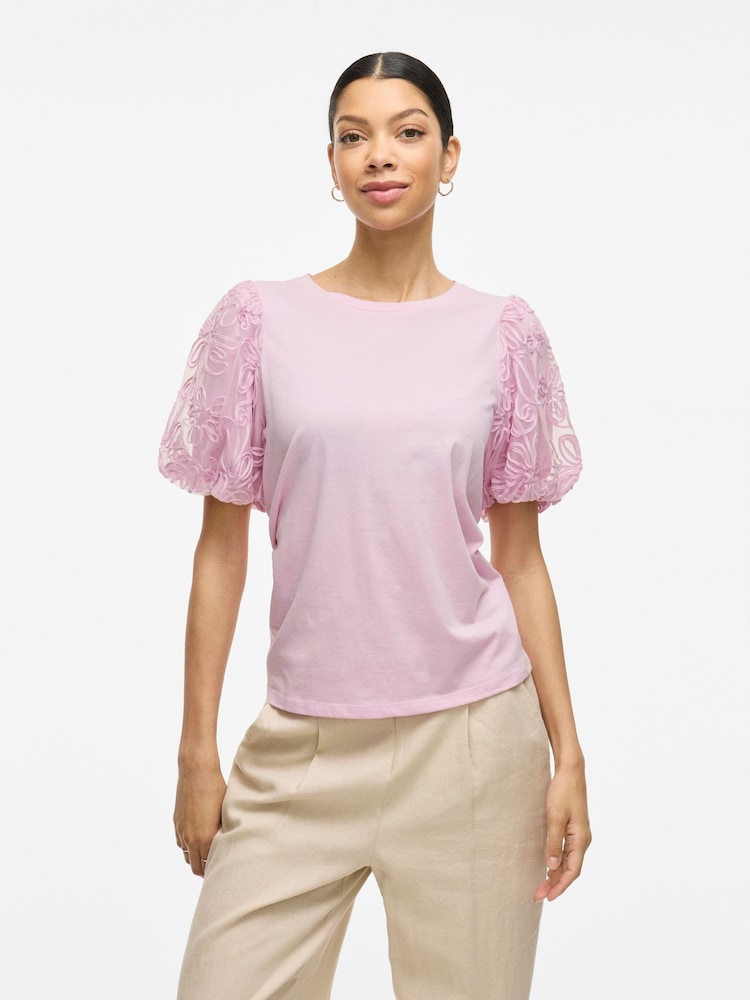 VILA Purple Puff Sleeve Embroidered Tulle Jersey Top - Image 1 of 7