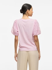 VILA Purple Puff Sleeve Embroidered Tulle Jersey Top - Image 2 of 7