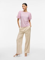 VILA Purple Puff Sleeve Embroidered Tulle Jersey Top - Image 3 of 7
