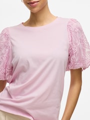 VILA Purple Puff Sleeve Embroidered Tulle Jersey Top - Image 5 of 7