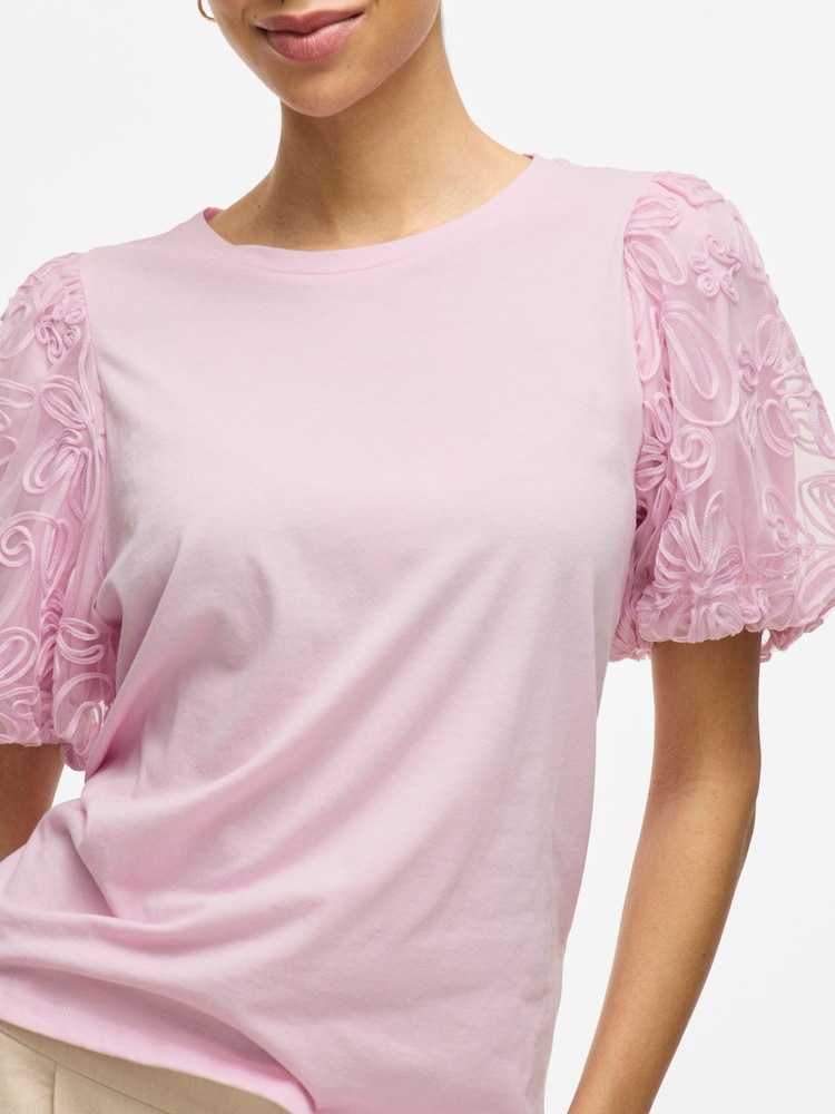 VILA Purple Puff Sleeve Embroidered Tulle Jersey Top - Image 5 of 7