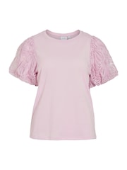 VILA Purple Puff Sleeve Embroidered Tulle Jersey Top - Image 6 of 7