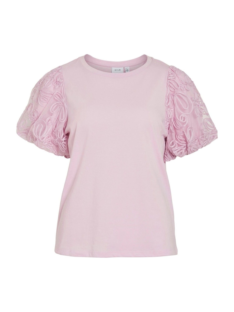 VILA Purple Puff Sleeve Embroidered Tulle Jersey Top - Image 6 of 7