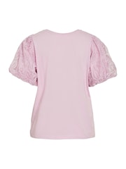 VILA Purple Puff Sleeve Embroidered Tulle Jersey Top - Image 7 of 7