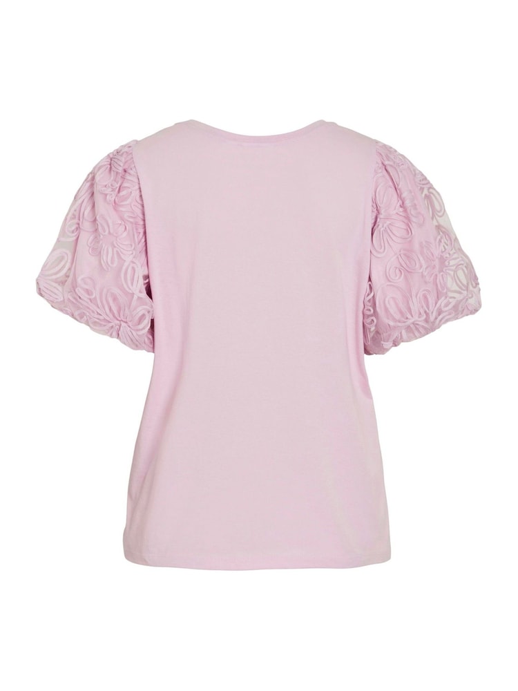 VILA Purple Puff Sleeve Embroidered Tulle Jersey Top - Image 7 of 7