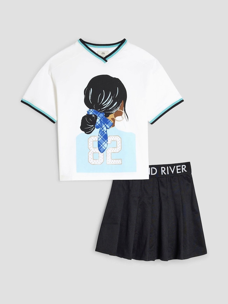 River Island Black Girls Pleated 100% Cotton Top & Skirt set - Image 1 of 5