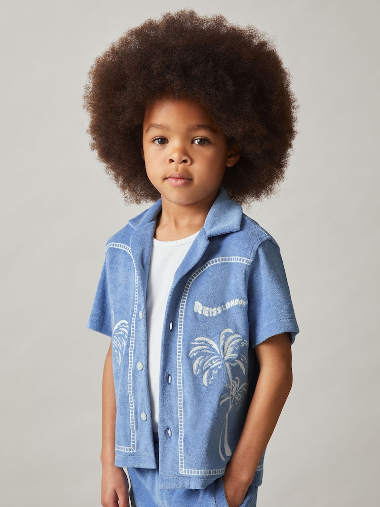Reiss Airforce Blue Barnes Towelling Palm-Embroidered Shirt - Image 2 of 5