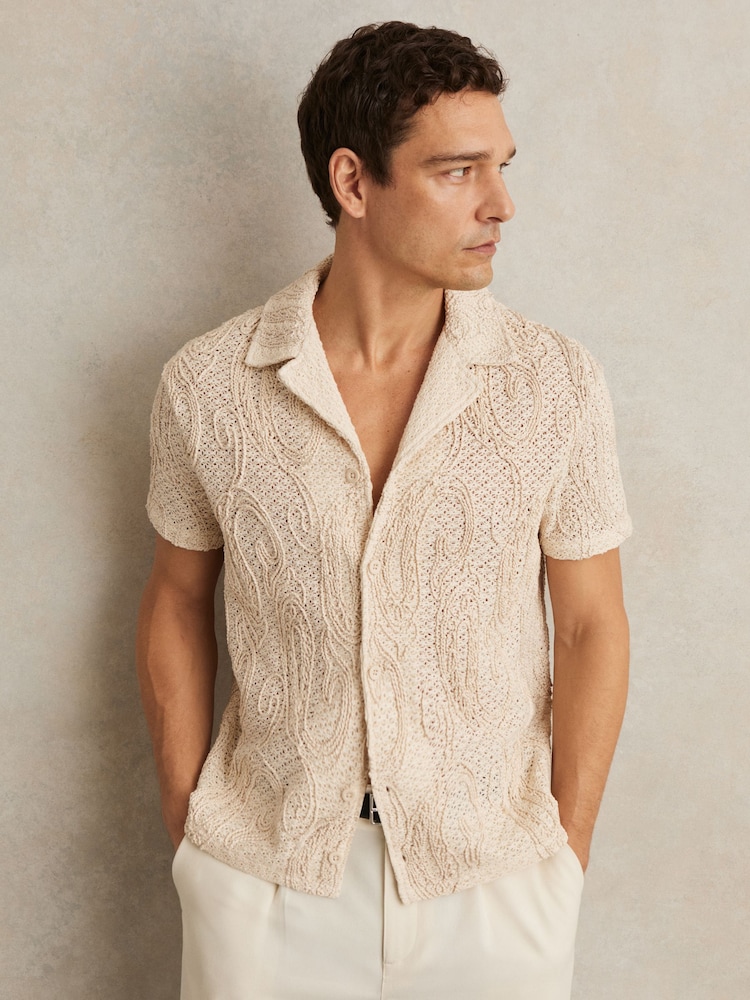Reiss Oatmeal Finn Cotton-Blend Embroidered Crochet Shirt - Image 1 of 6