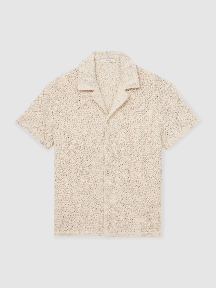 Reiss Oatmeal Finn Cotton-Blend Embroidered Crochet Shirt - Image 2 of 6