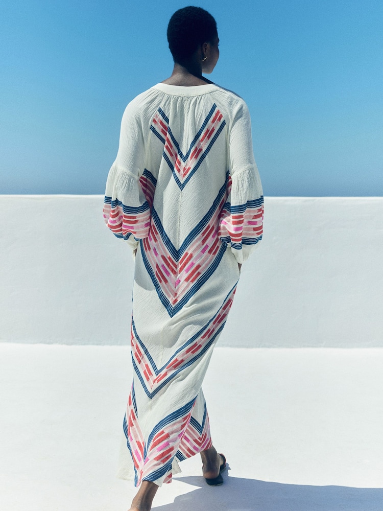 Devotion Twins Cream Beloved Chevron Kaftan 100% Cotton Maxi Dress - Image 2 of 5