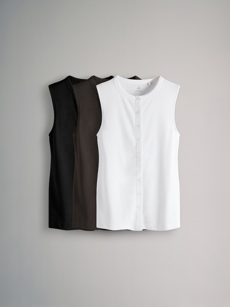 The Set Black/White/Chocolate Brown 3 Pack Button Through Ribbed Vests - Image 2 of 12 The Set Black/White/Chocolate Brown 3 Pack Button Through Ribbed Vests - Image 2 of 12