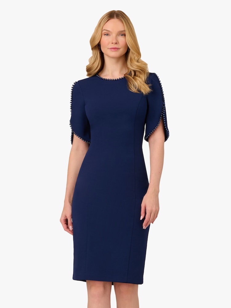 Adrianna Papell Blue Knit Crepe Pearl Midi Dress - Image 1 of 6