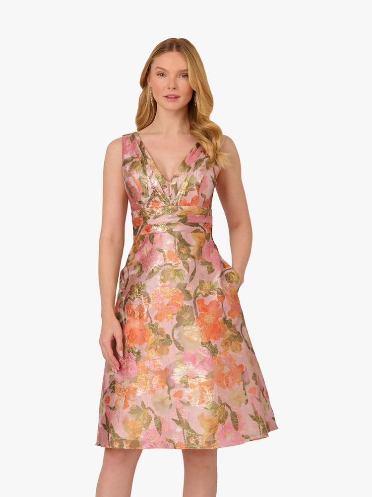 Adrianna Papell Pink Floral Jacquard Midi Dress - Image 1 of 6
