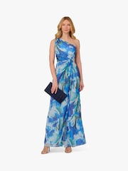 Adrianna Papell Blue Print Chiffon Long Dress - Image 4 of 6