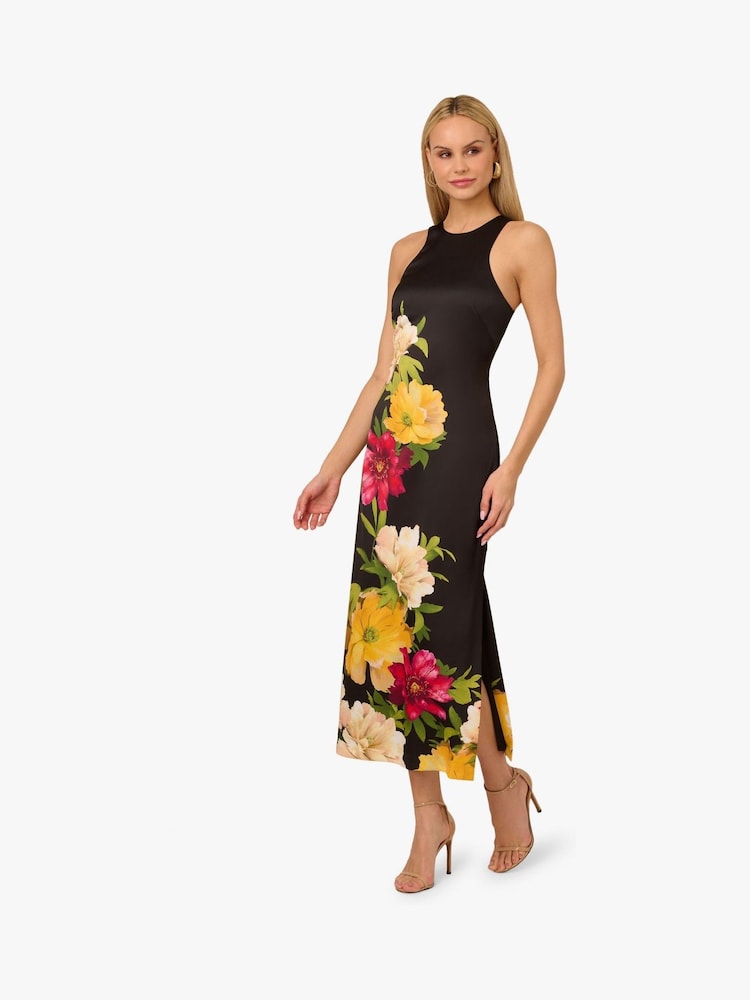 Adrianna by Adrianna Papell Printed Satin Midi Black Dress - Image 1 of 6