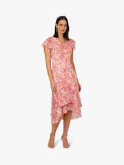 Adrianna Papell Pink Flounce Hem Satin Midi Dress - Image 1 of 6