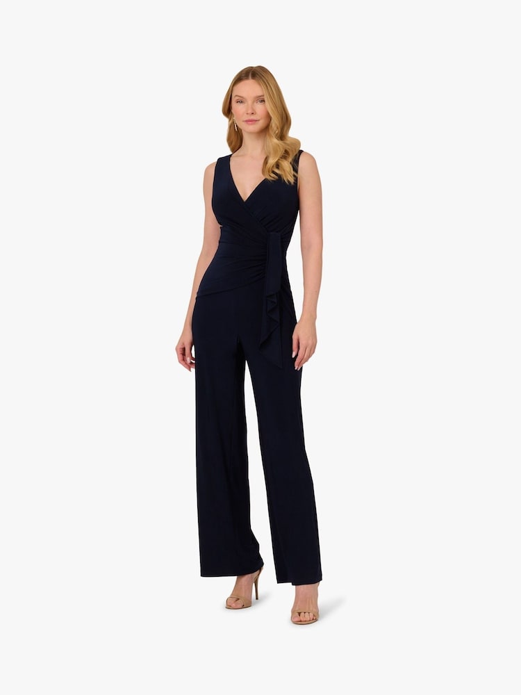 Adrianna Papell Blue Jersey Draped Jumpsuit - Image 1 of 6 Adrianna Papell Blue Jersey Draped Jumpsuit - Image 1 of 6